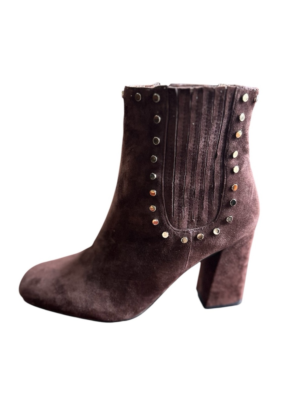 Suede Studded Block Heel Ankle Boot - Brown